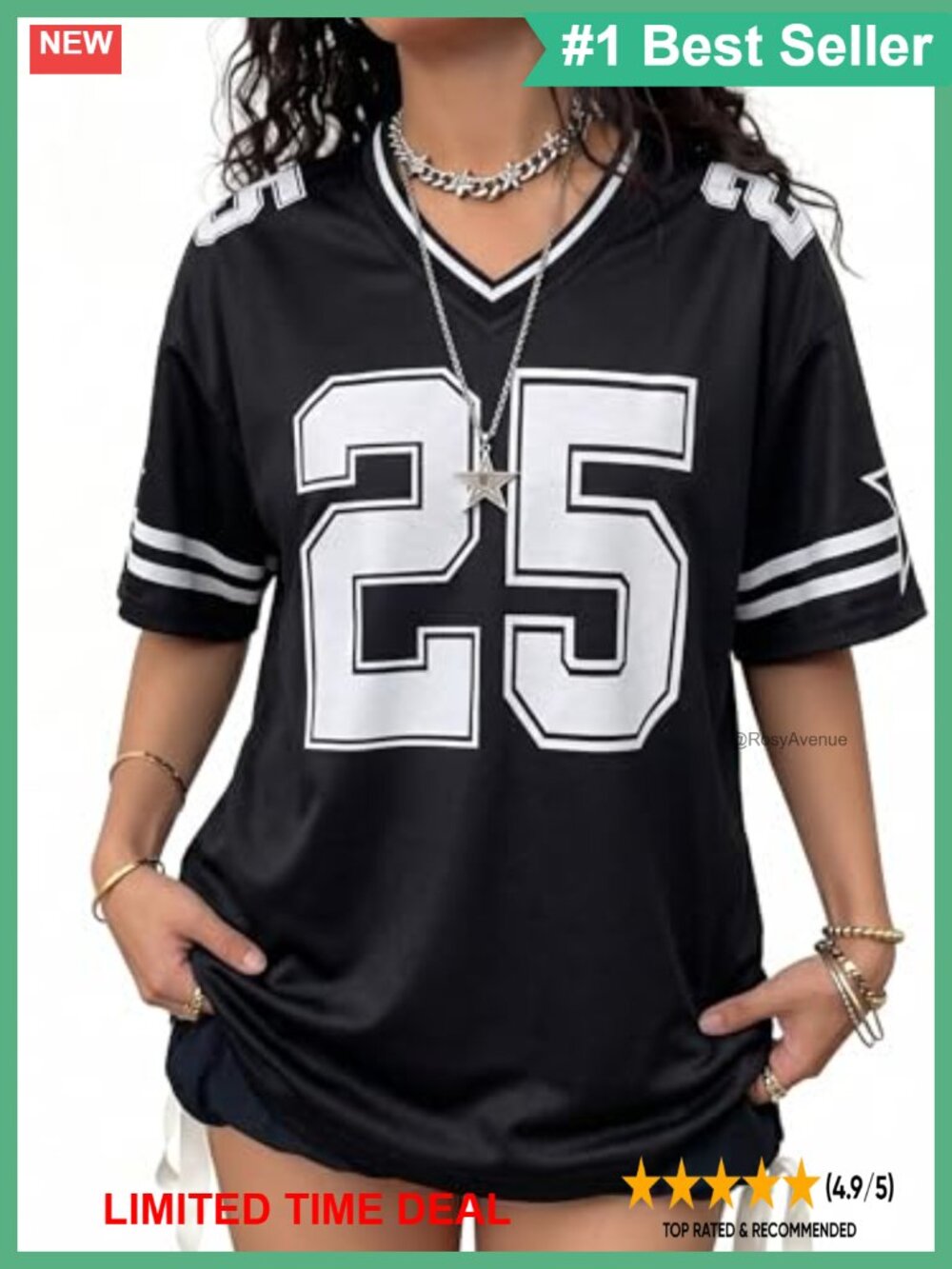 Womens Oversized V Neck Jersey Graphic Tee Streetwear Summer Top